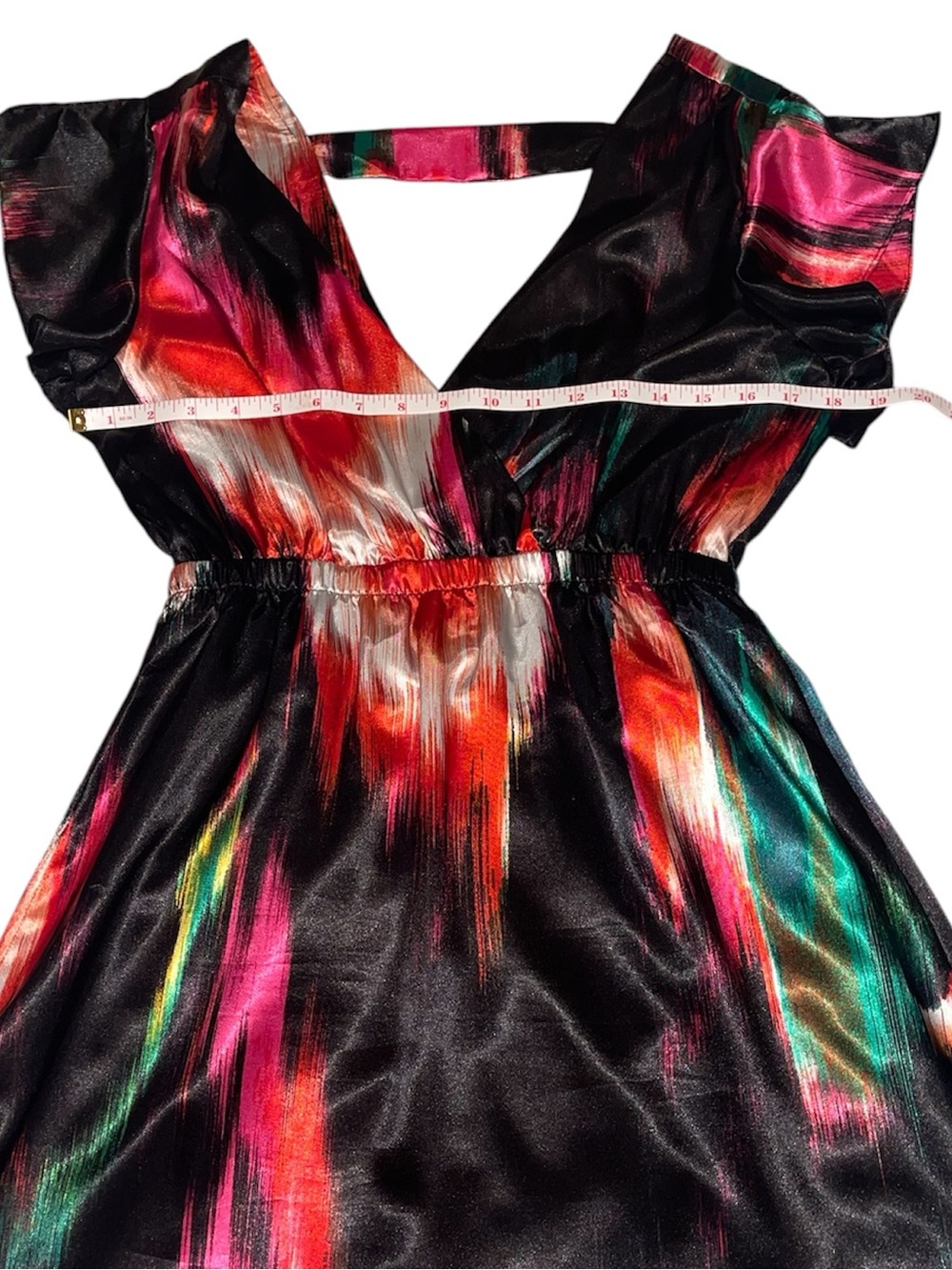 Charlotte Russe Black Multicolor Satin V-Neck Fit and Flare Party Dress Sz M - Picture 5 of 10